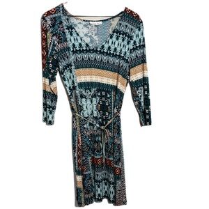 Rosebud Patchwork Midi Dress Stretchy Long Sleeve Dress Teal Brown Women’s M.